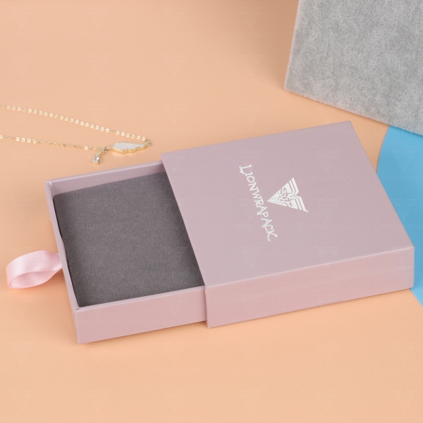 Wholesale Custom LOGO Jewellery Sliding Put Out Box Square Pink Packaging Paper Jewelry Drawer Box With Ribbon